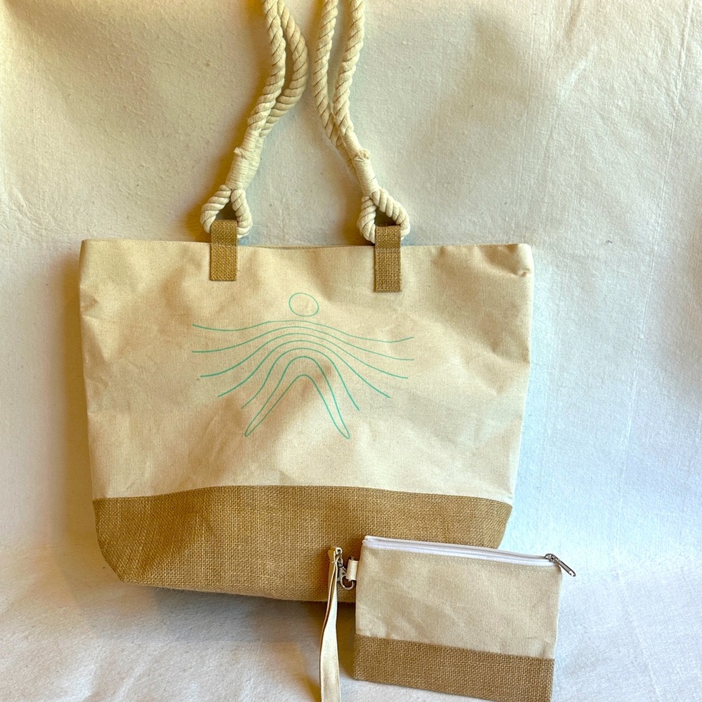Large Canvas Tote with Rope Straps & detachable zipper pouch in cream & tan